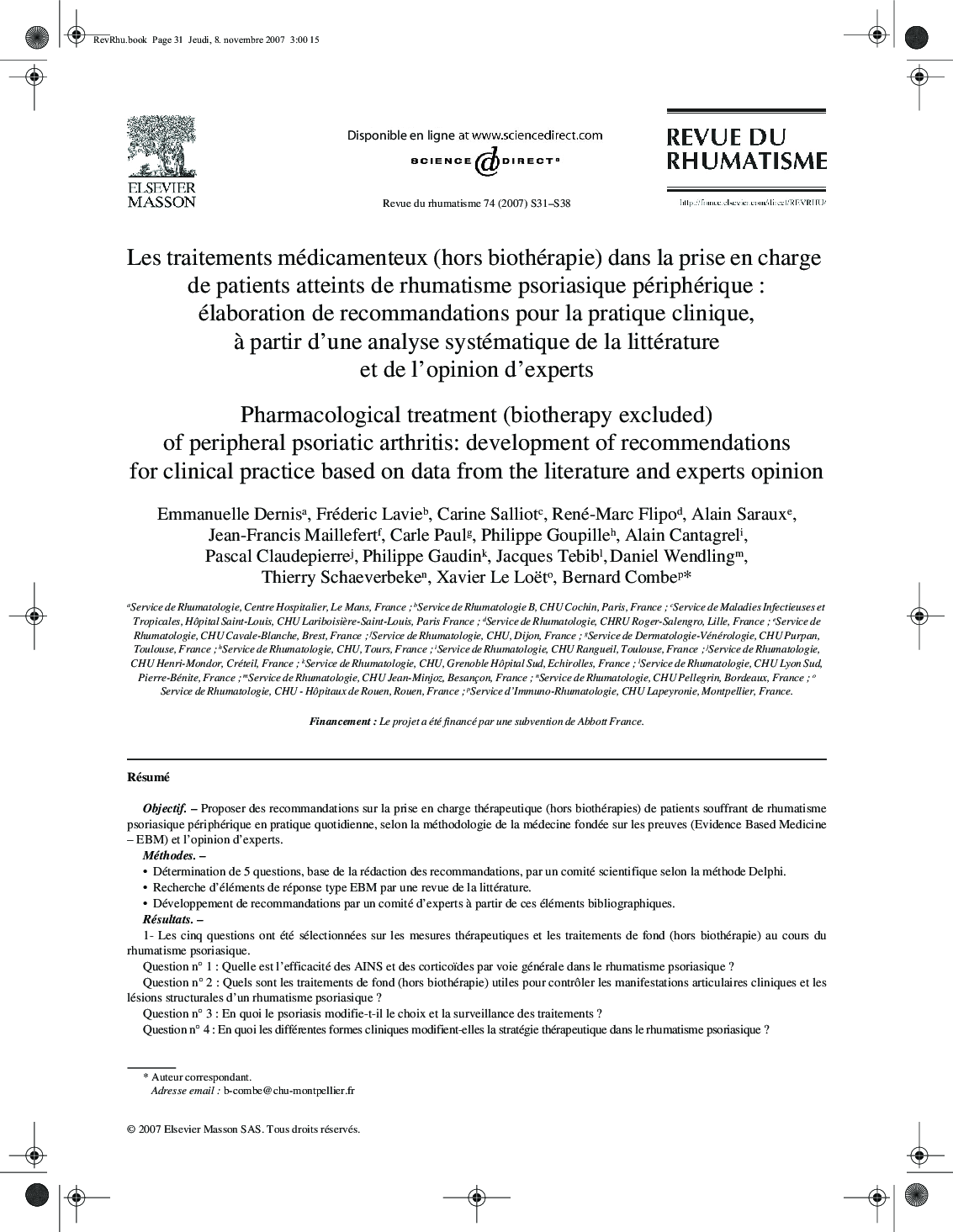 Les traitements médicamenteux (hors biothérapie) dans la prise en charge de patients atteints de rhumatisme psoriasique périphérique : élaboration de recommandations pour la pratique clinique, à partir d’une analyse systématique de la littérature et de l’
