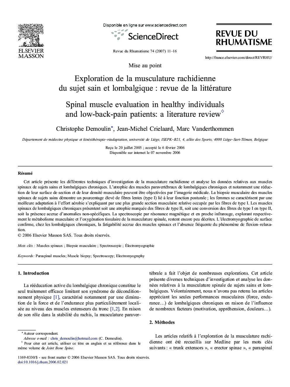 Exploration de la musculature rachidienne du sujet sain et lombalgique : revue de la littérature