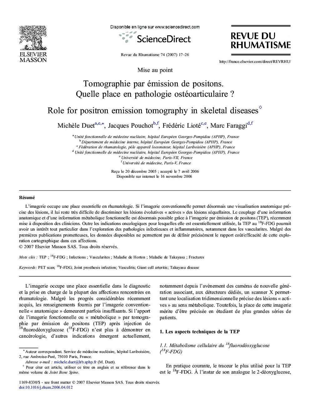 Tomographie par émission de positons. Quelle place en pathologie ostéoarticulaire ?