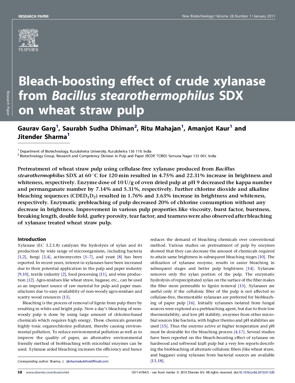 Bleach-boosting effect of crude xylanase from Bacillus stearothermophilus SDX on wheat straw pulp