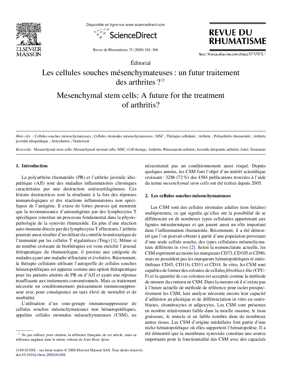 Les cellules souches mésenchymateusesÂ : un futur traitement des arthritesÂ ?