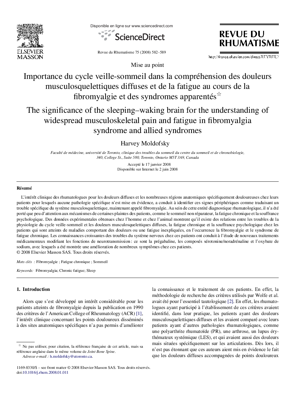 Importance du cycle veille-sommeil dans la compréhension des douleurs musculosquelettiques diffuses et de la fatigue au cours de la fibromyalgie et des syndromes apparentés 