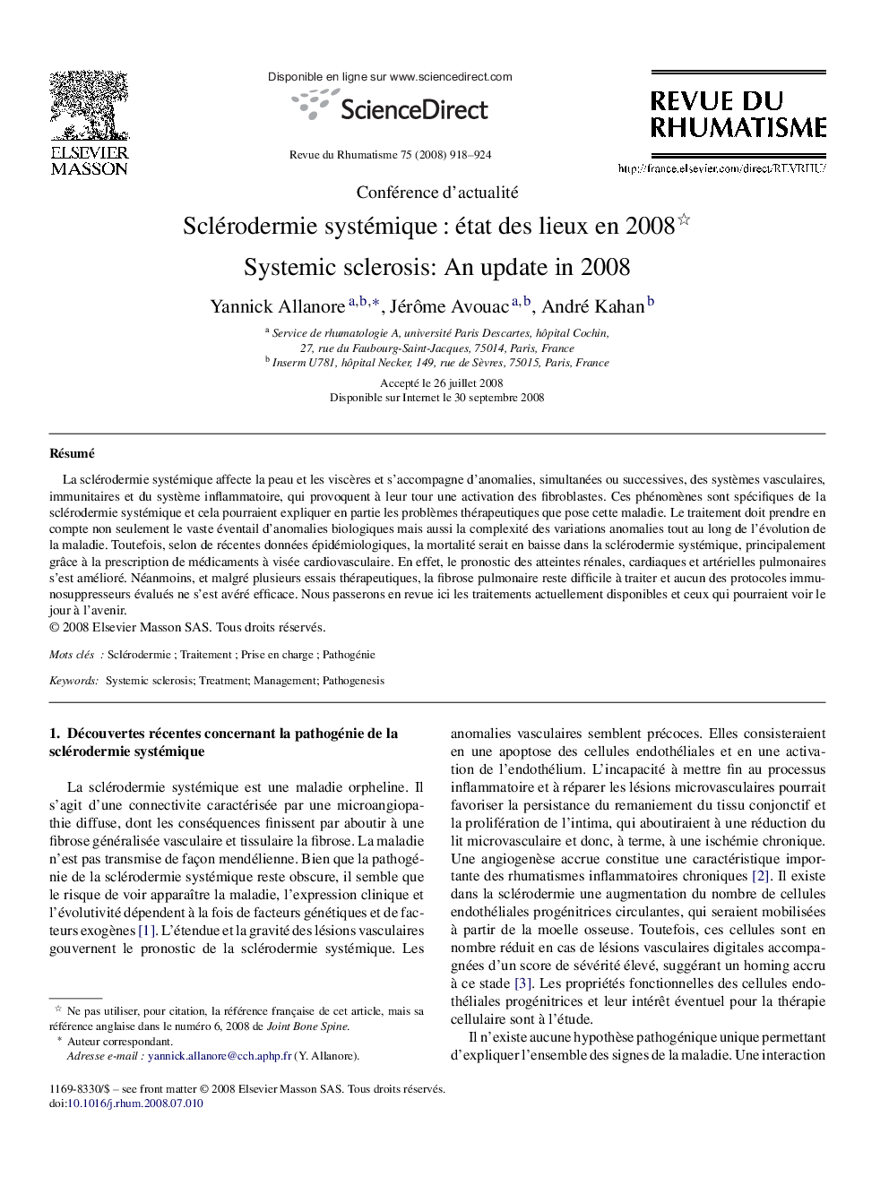 Sclérodermie systémique : état des lieux en 2008 