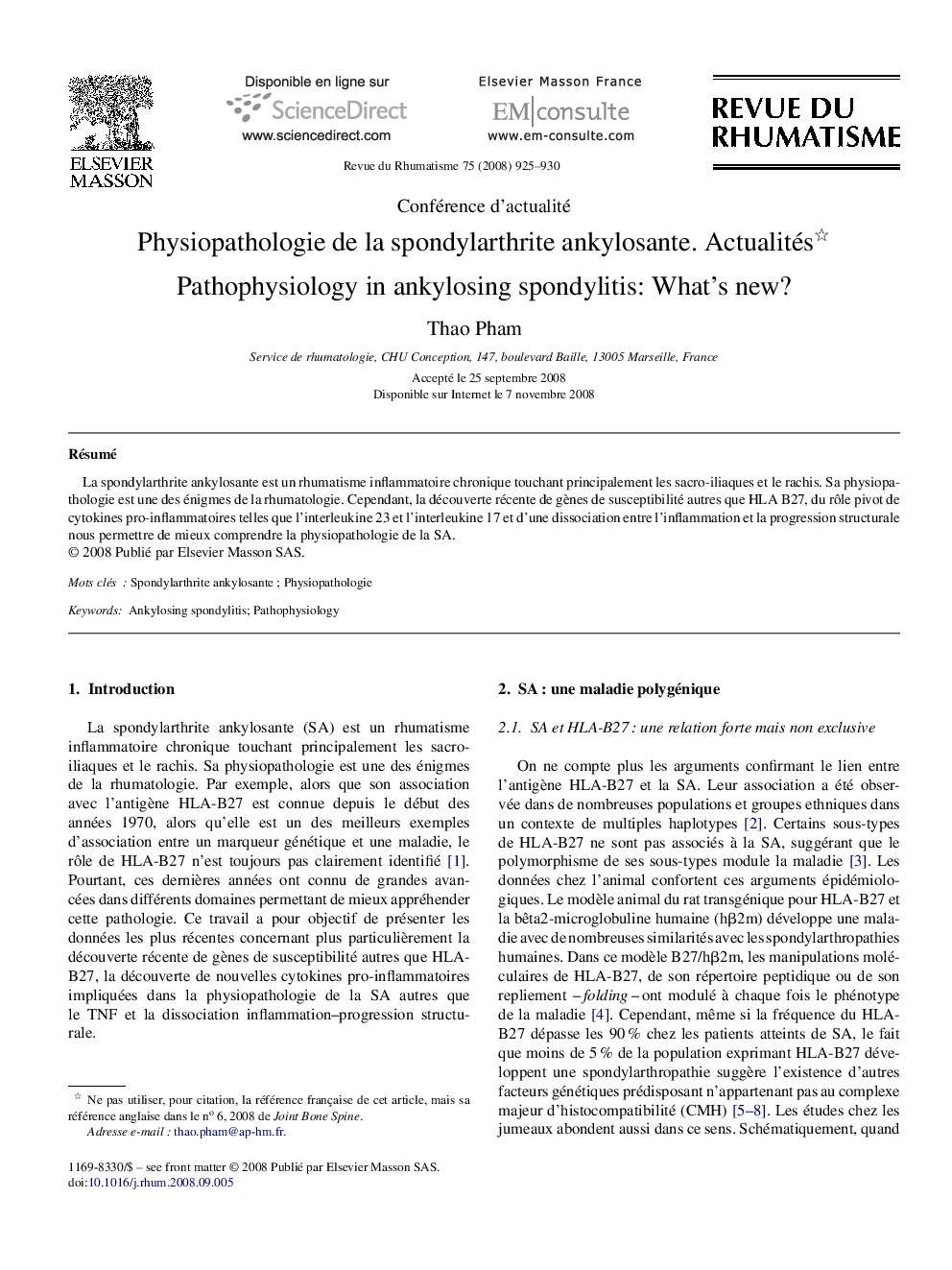 Physiopathologie de la spondylarthrite ankylosante. Actualités 