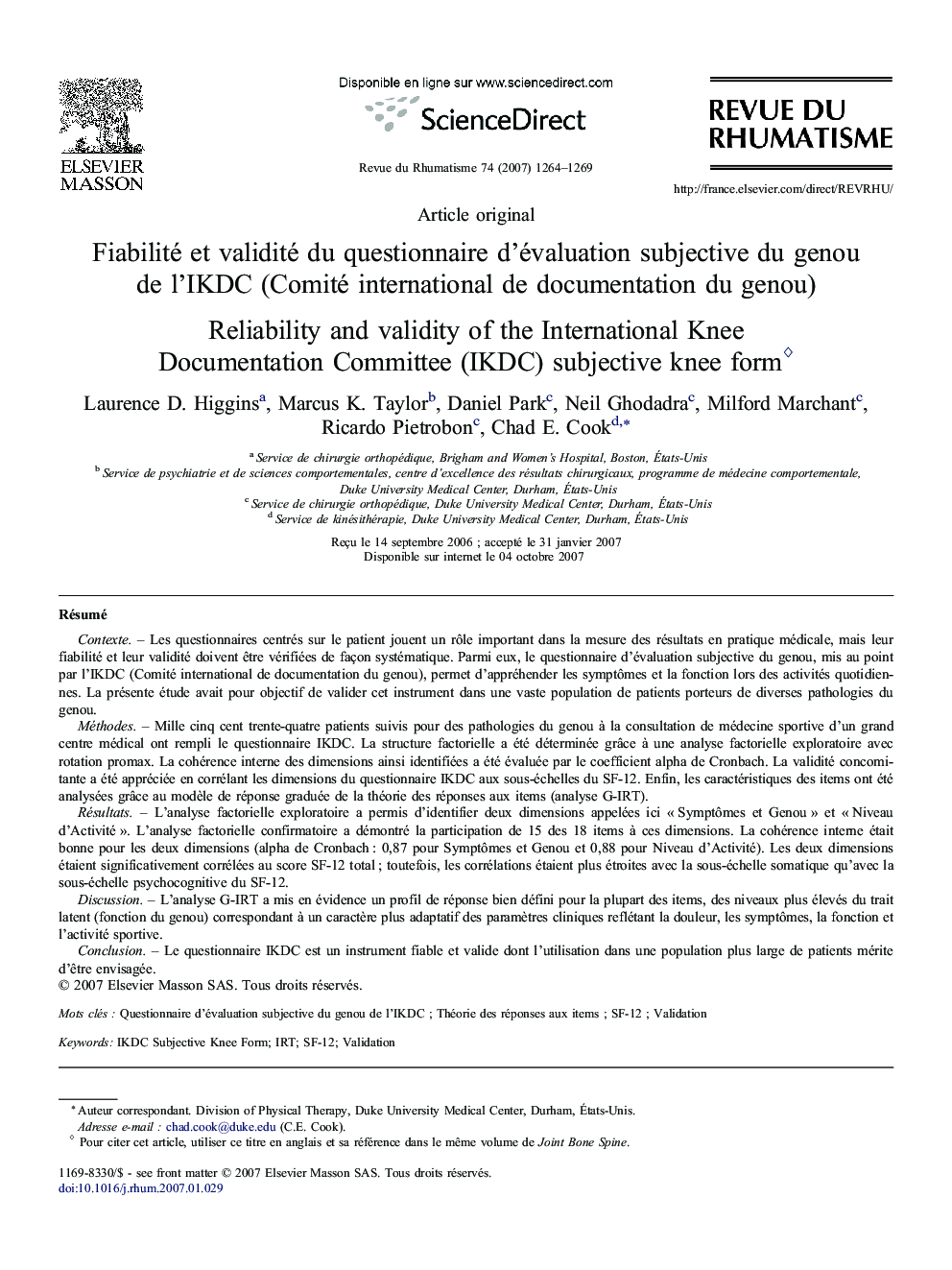 Fiabilité et validité du questionnaire d'évaluation subjective du genou de l'IKDC (Comité international de documentation du genou)