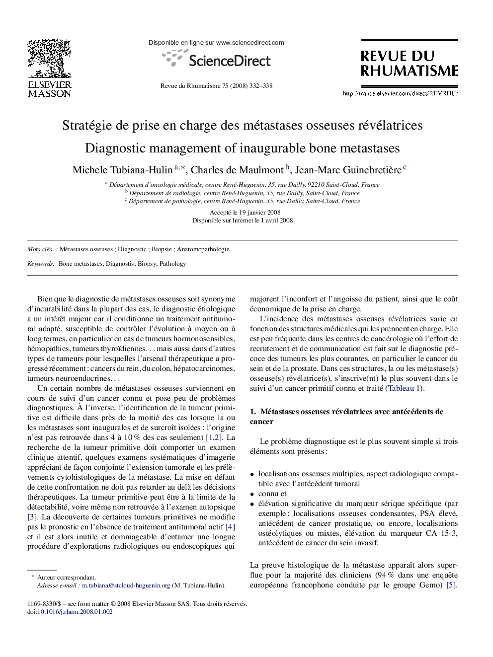 Stratégie de prise en charge des métastases osseuses révélatrices