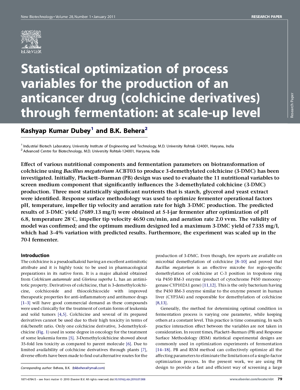 عکس صفحه اول مقاله: Statistical optimization of process variables for the production of an anticancer drug (colchicine derivatives) through fermentation: at scale-up level Statistical optimization of process variables for the production of an anticancer drug (colchicine derivatives) through fermentation: at scale-up level