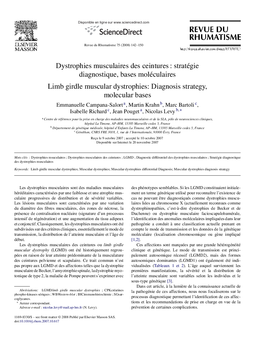 Dystrophies musculaires des ceinturesÂ : stratégie diagnostique, bases moléculaires