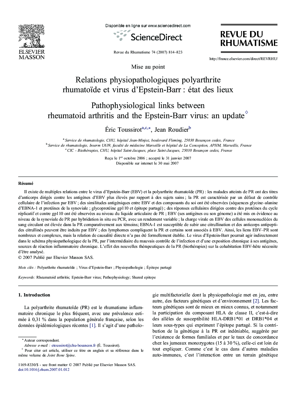 Relations physiopathologiques polyarthrite rhumatoïde et virus d'Epstein-Barr : état des lieux