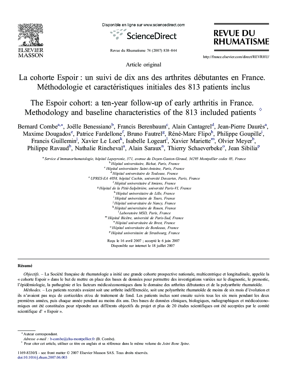 La cohorte Espoir : un suivi de dix ans des arthrites débutantes en France. Méthodologie et caractéristiques initiales des 813 patients inclus