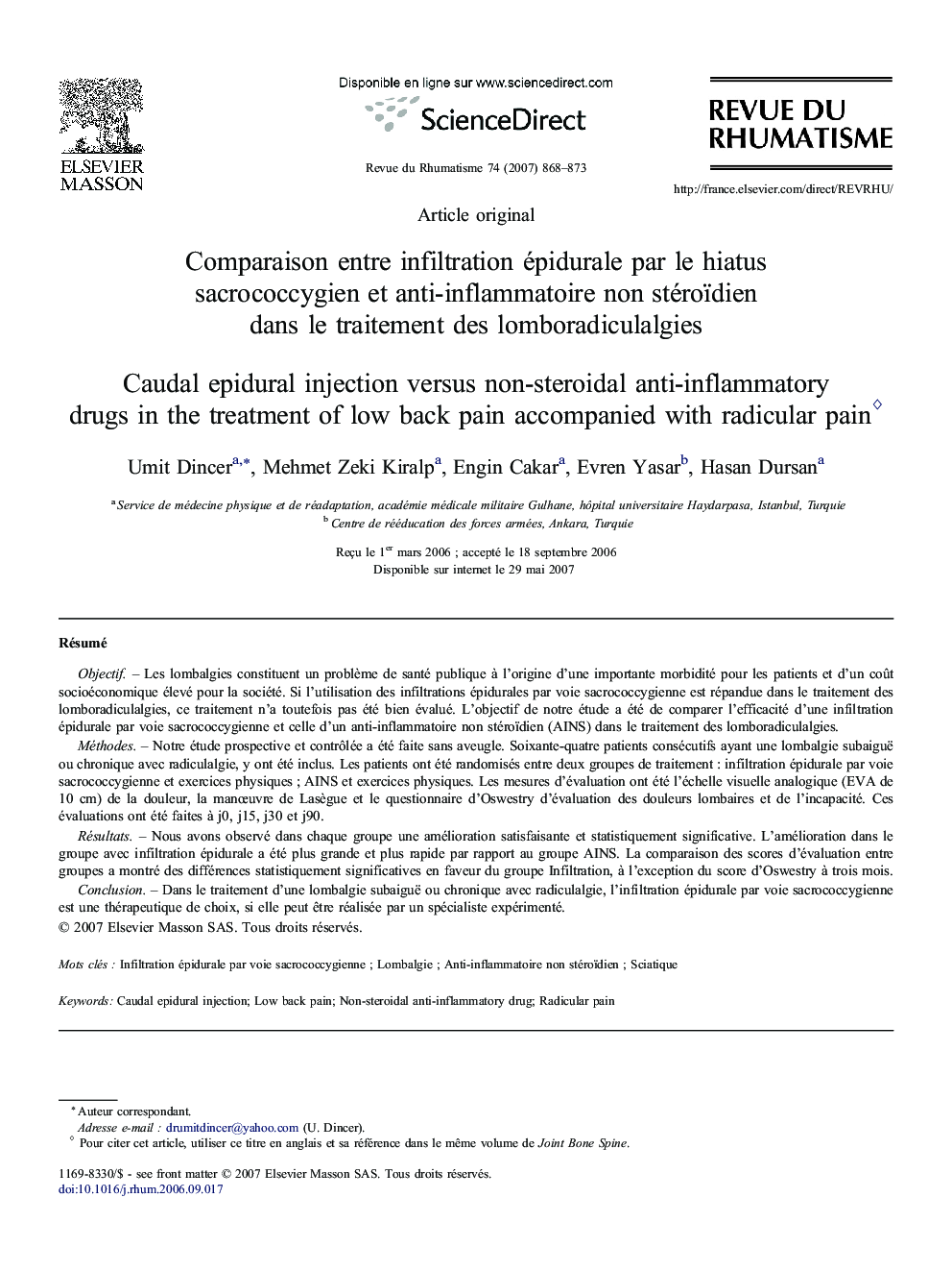 Comparaison entre infiltration épidurale par le hiatus sacrococcygien et anti-inflammatoire non stéroïdien dans le traitement des lomboradiculalgies