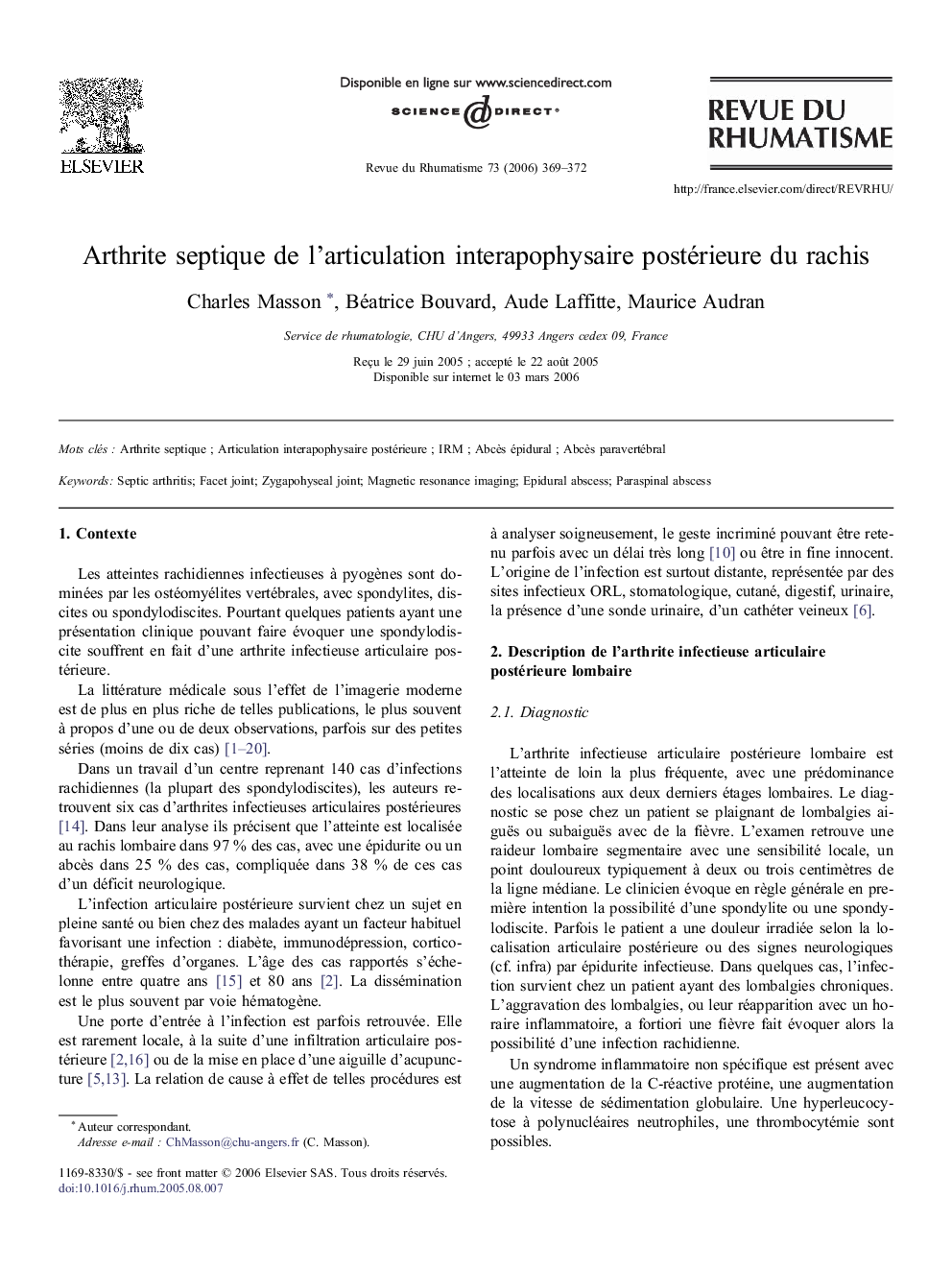 Arthrite septique deÂ l'articulation interapophysaire postérieure duÂ rachis