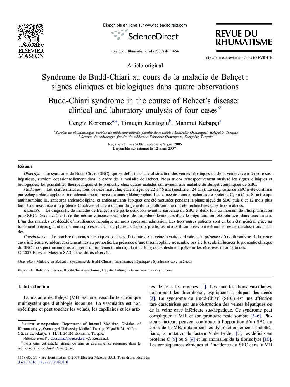 Syndrome de Budd-Chiari au cours de la maladie de Behçet : signes cliniques et biologiques dans quatre observations