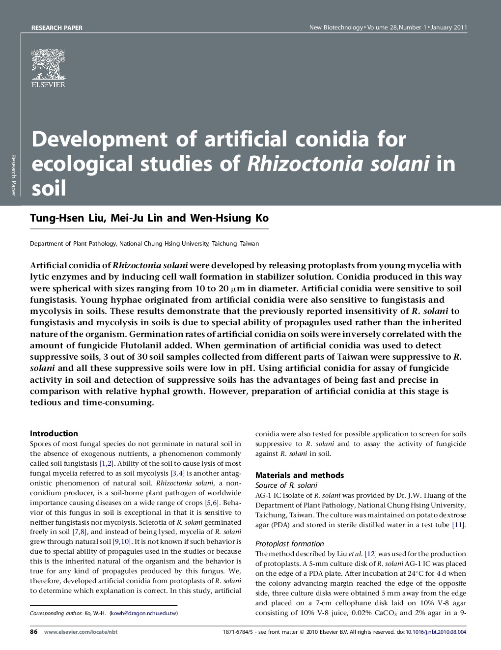 Development of artificial conidia for ecological studies of Rhizoctonia solani in soil