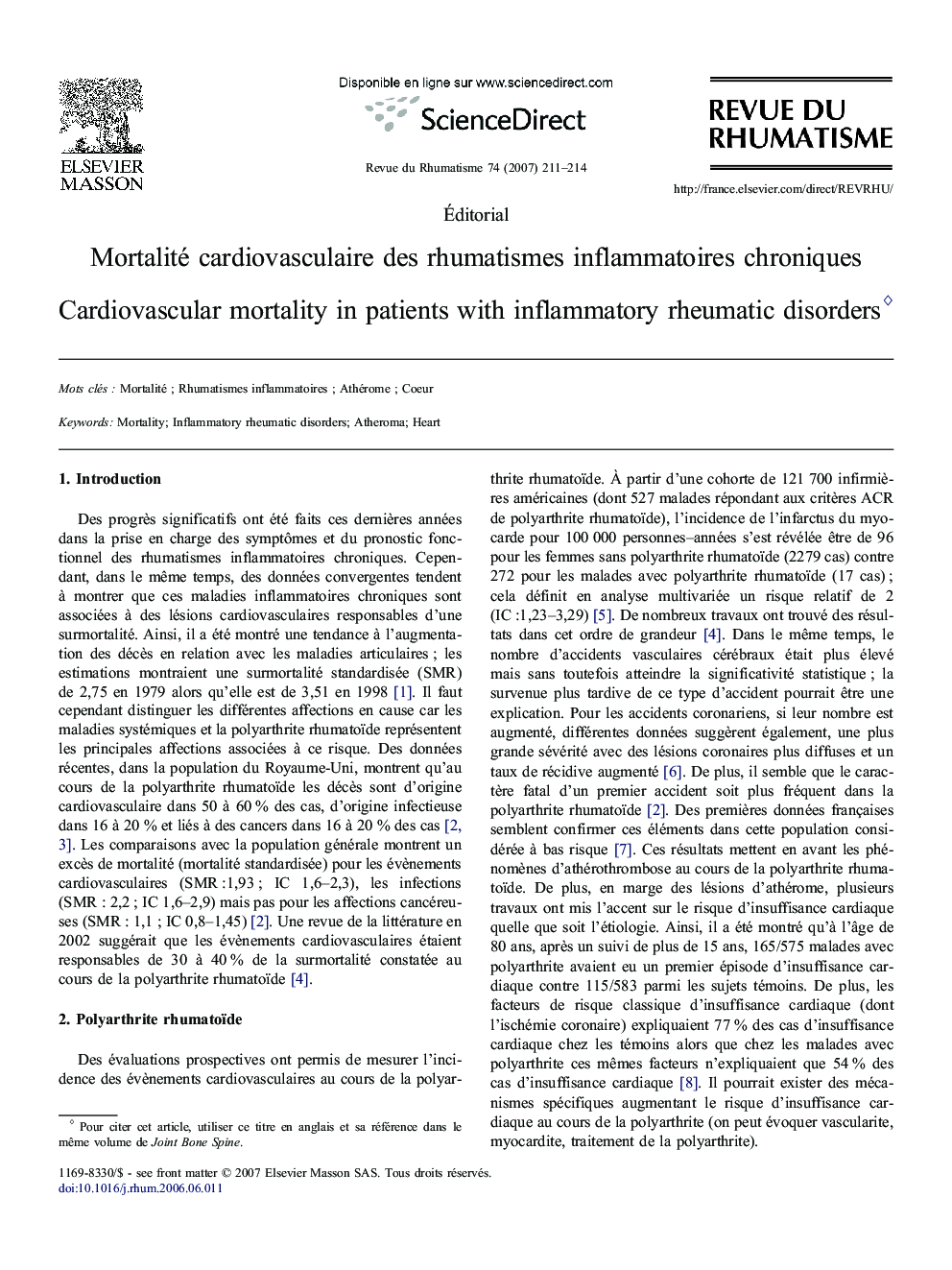 Mortalité cardiovasculaire desÂ rhumatismes inflammatoires chroniques