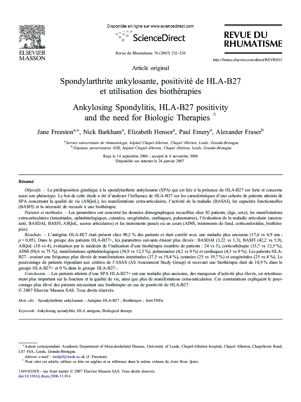 Spondylarthrite ankylosante, positivité deÂ HLA-B27 etÂ utilisation desÂ biothérapies