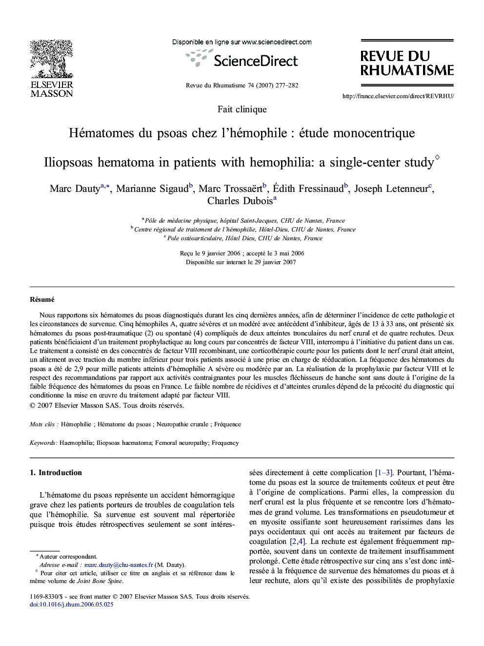 Hématomes du psoas chez l'hémophile : étude monocentrique