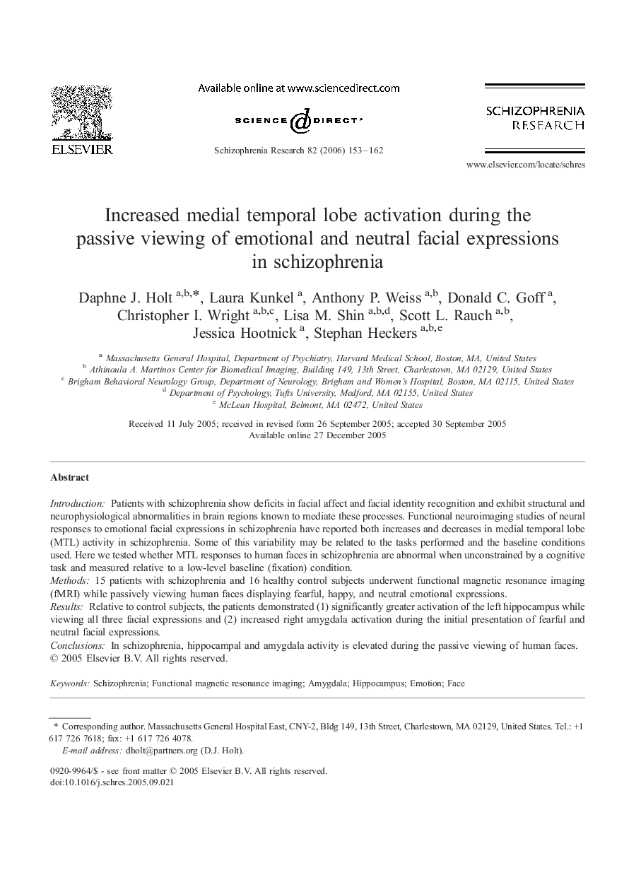 Increased medial temporal lobe activation during the passive viewing of emotional and neutral facial expressions in schizophrenia