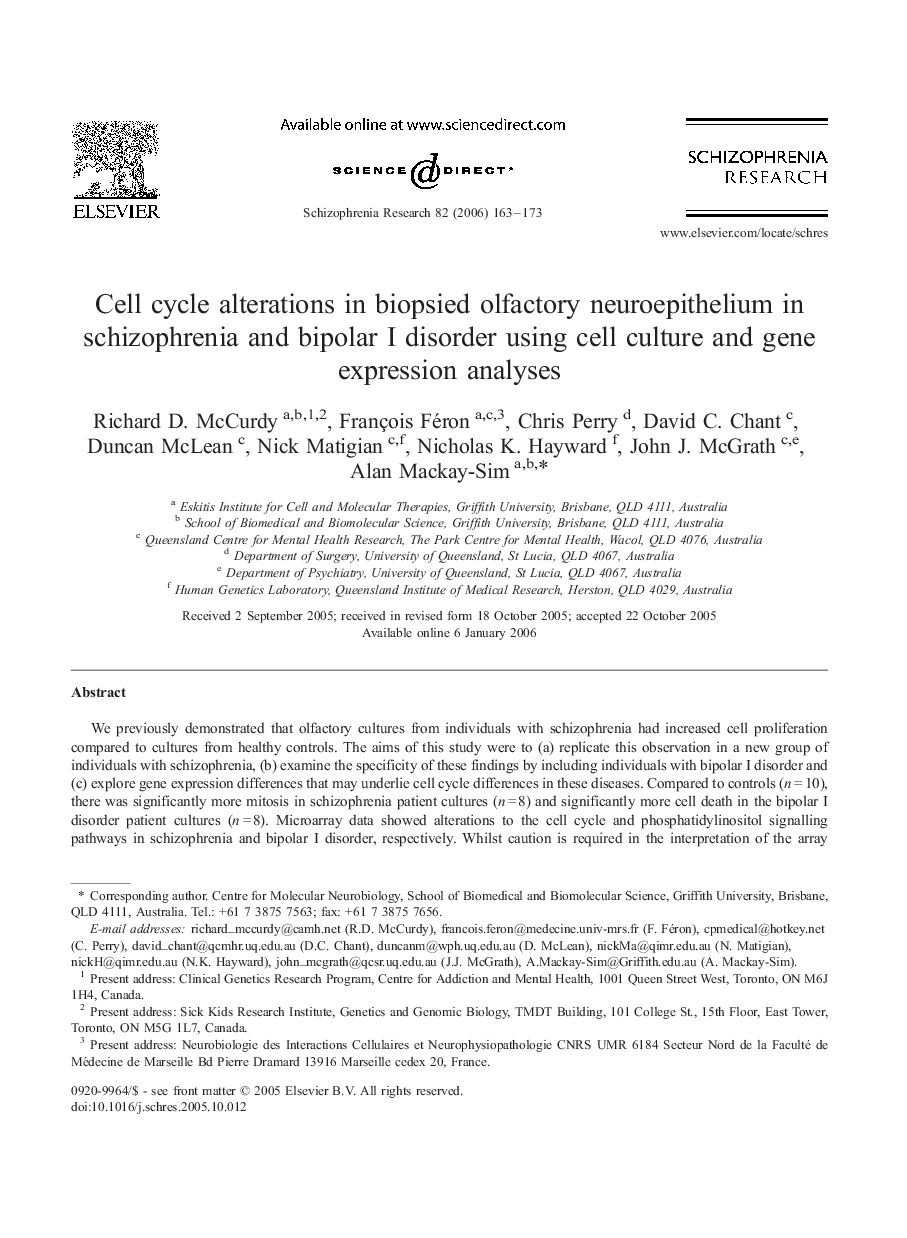 Cell cycle alterations in biopsied olfactory neuroepithelium in schizophrenia and bipolar I disorder using cell culture and gene expression analyses