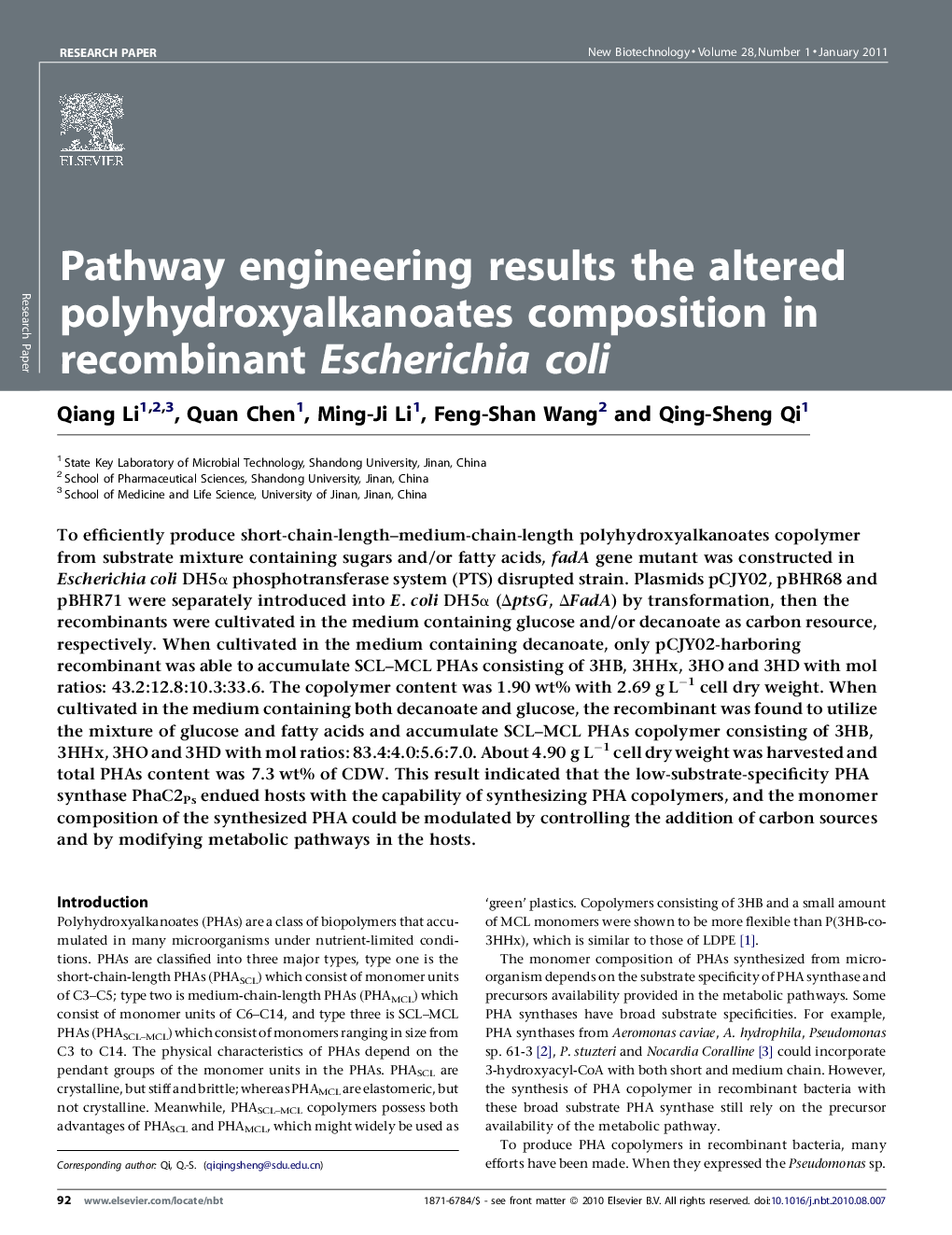 Pathway engineering results the altered polyhydroxyalkanoates composition in recombinant Escherichia coli