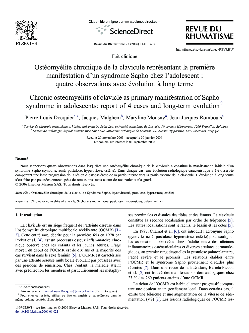 Ostéomyélite chronique de la clavicule représentant la première manifestation d'un syndrome Sapho chez l'adolescent : quatre observations avec évolution à long terme