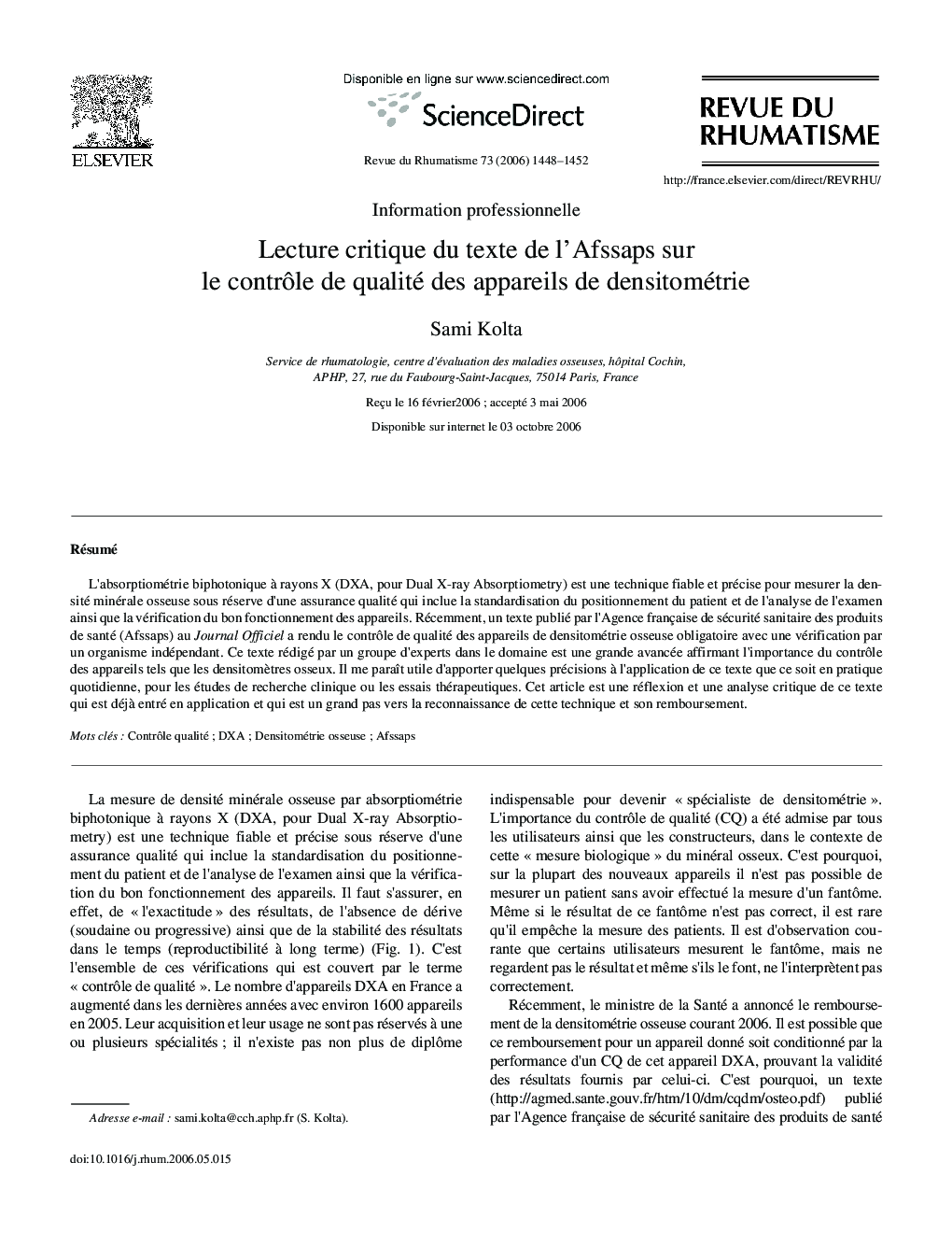 Lecture critique du texte de l'AFSSAPS sur le contrÃ´le de qualité des appareils de densitometrie
