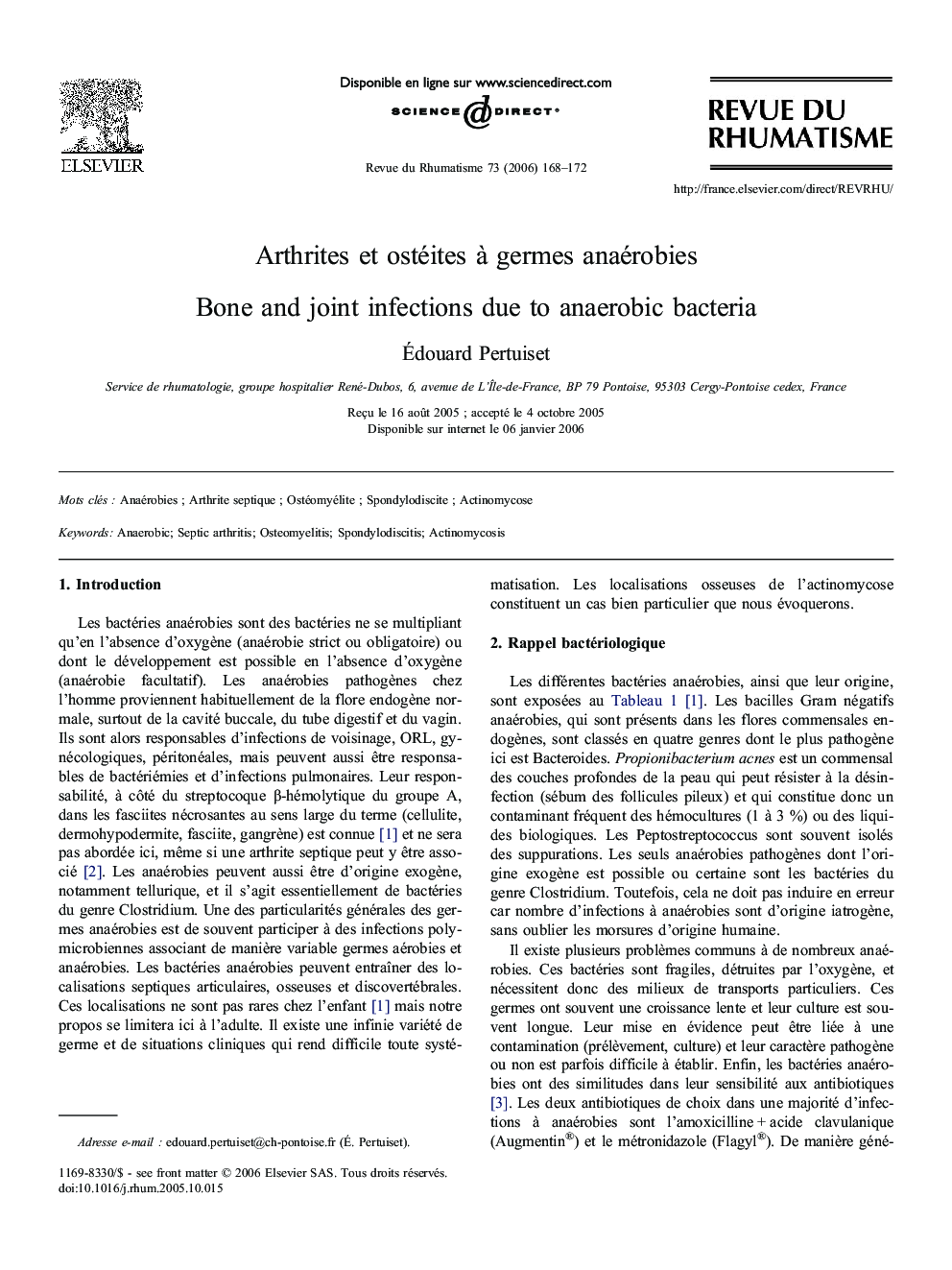 Arthrites etÂ ostéites Ã Â germes anaérobies