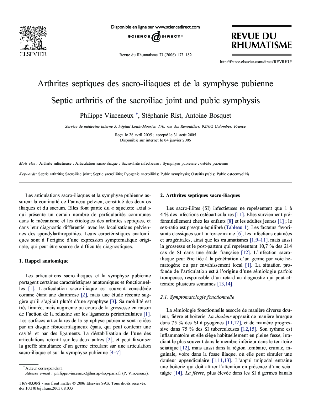 Arthrites septiques desÂ sacro-iliaques etÂ deÂ laÂ symphyse pubienne