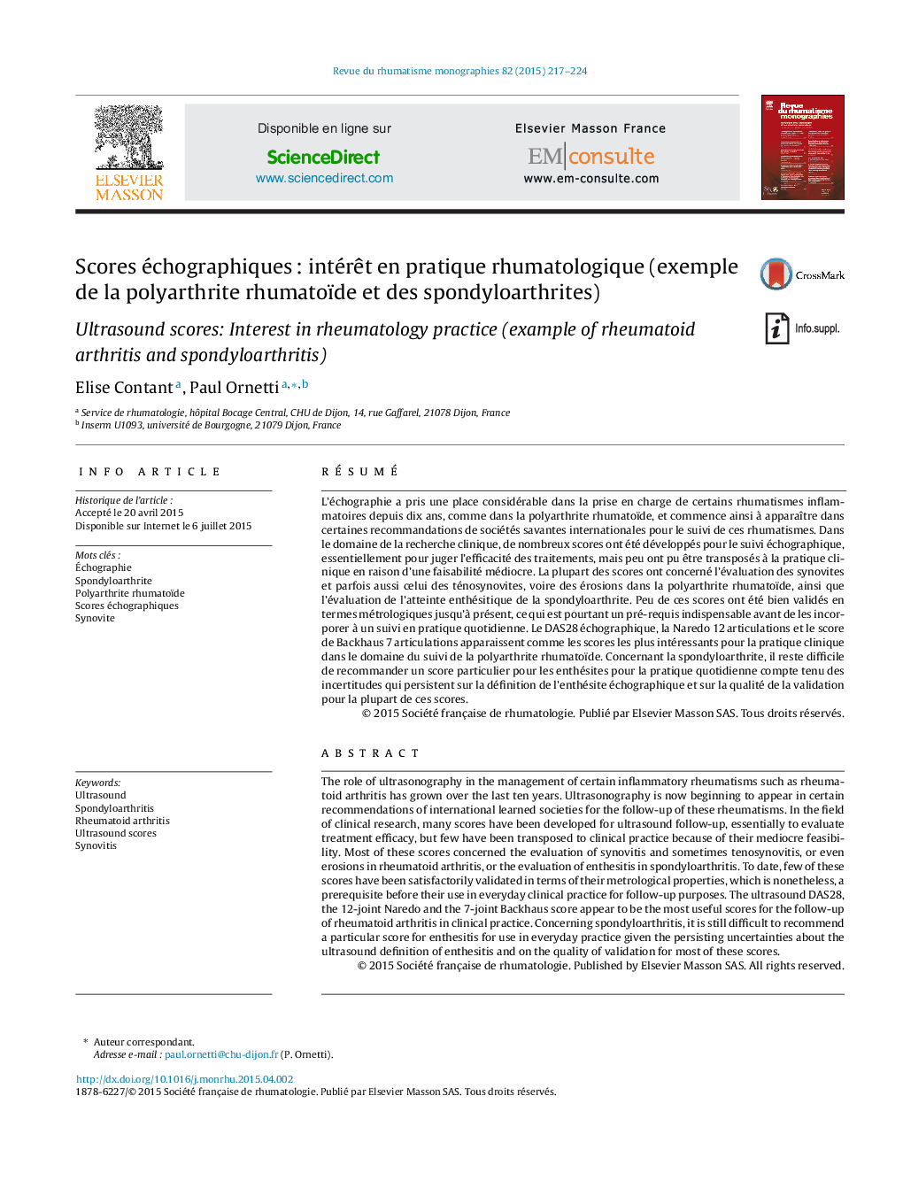 Scores échographiques : intérêt en pratique rhumatologique (exemple de la polyarthrite rhumatoïde et des spondyloarthrites)