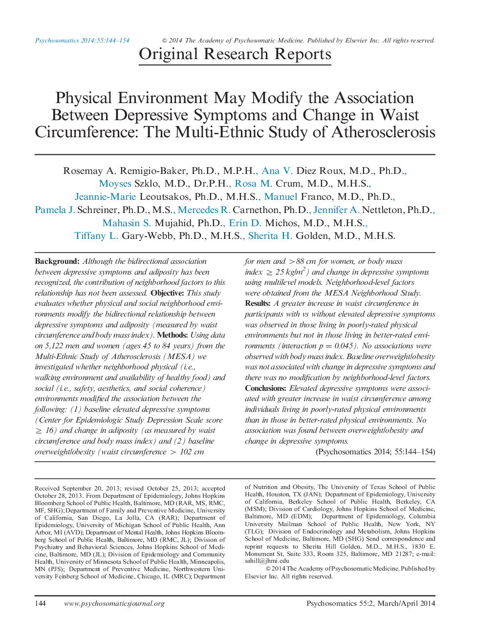 Physical Environment May Modify the Association Between Depressive Symptoms and Change in Waist Circumference: The Multi-Ethnic Study of Atherosclerosis