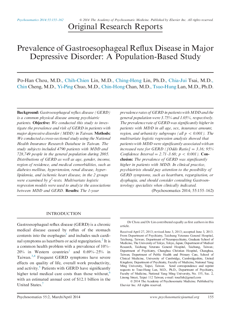 شیوع بیماری ریفلاکس معده در اختلال افسردگی عمده: یک مطالعه مبتنی بر جمعیت 