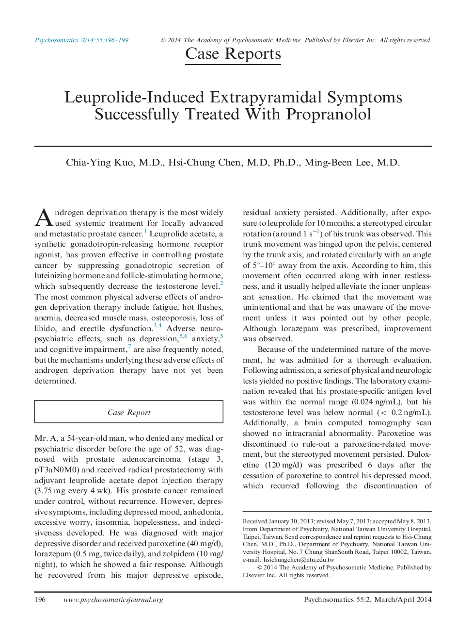 Leuprolide-Induced Extrapyramidal Symptoms Successfully Treated With Propranolol
