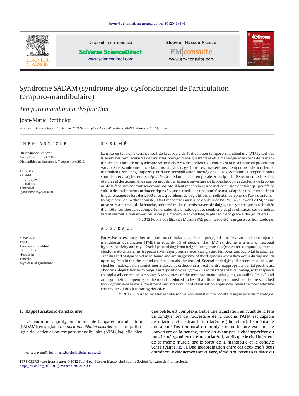 Syndrome SADAM (syndrome algo-dysfonctionnel de l’articulation temporo-mandibulaire)