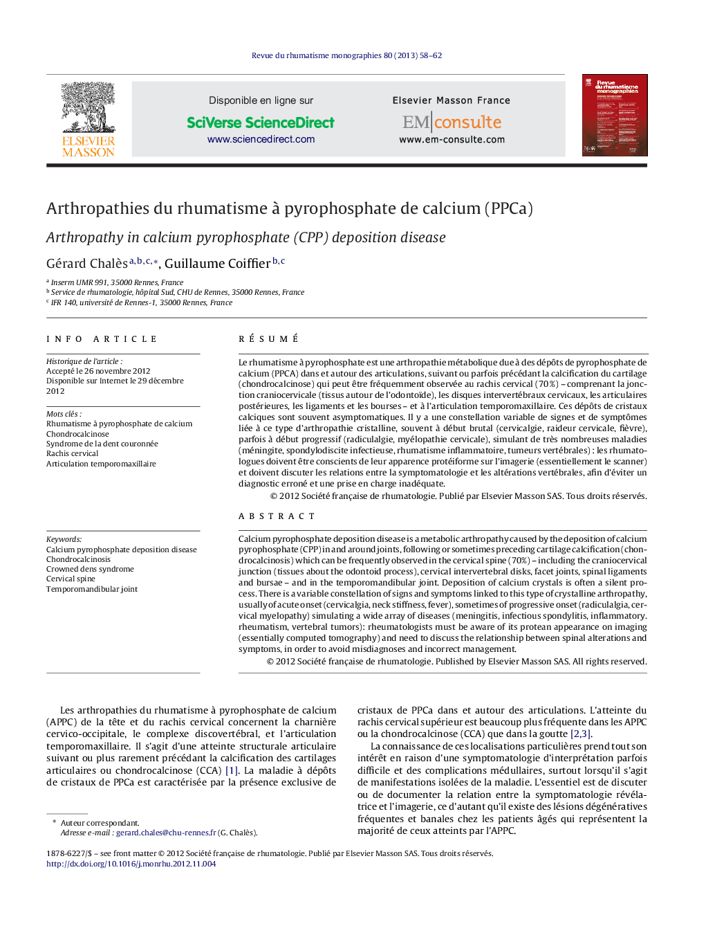 Arthropathies du rhumatisme à pyrophosphate de calcium (PPCa)