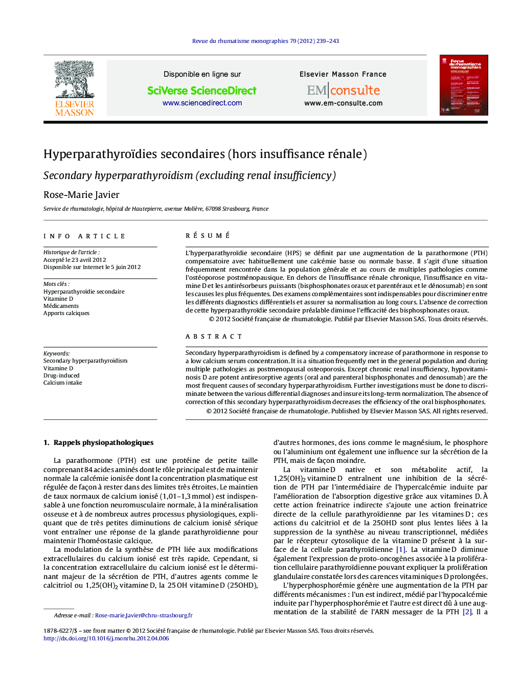 Hyperparathyroïdies secondaires (hors insuffisance rénale)