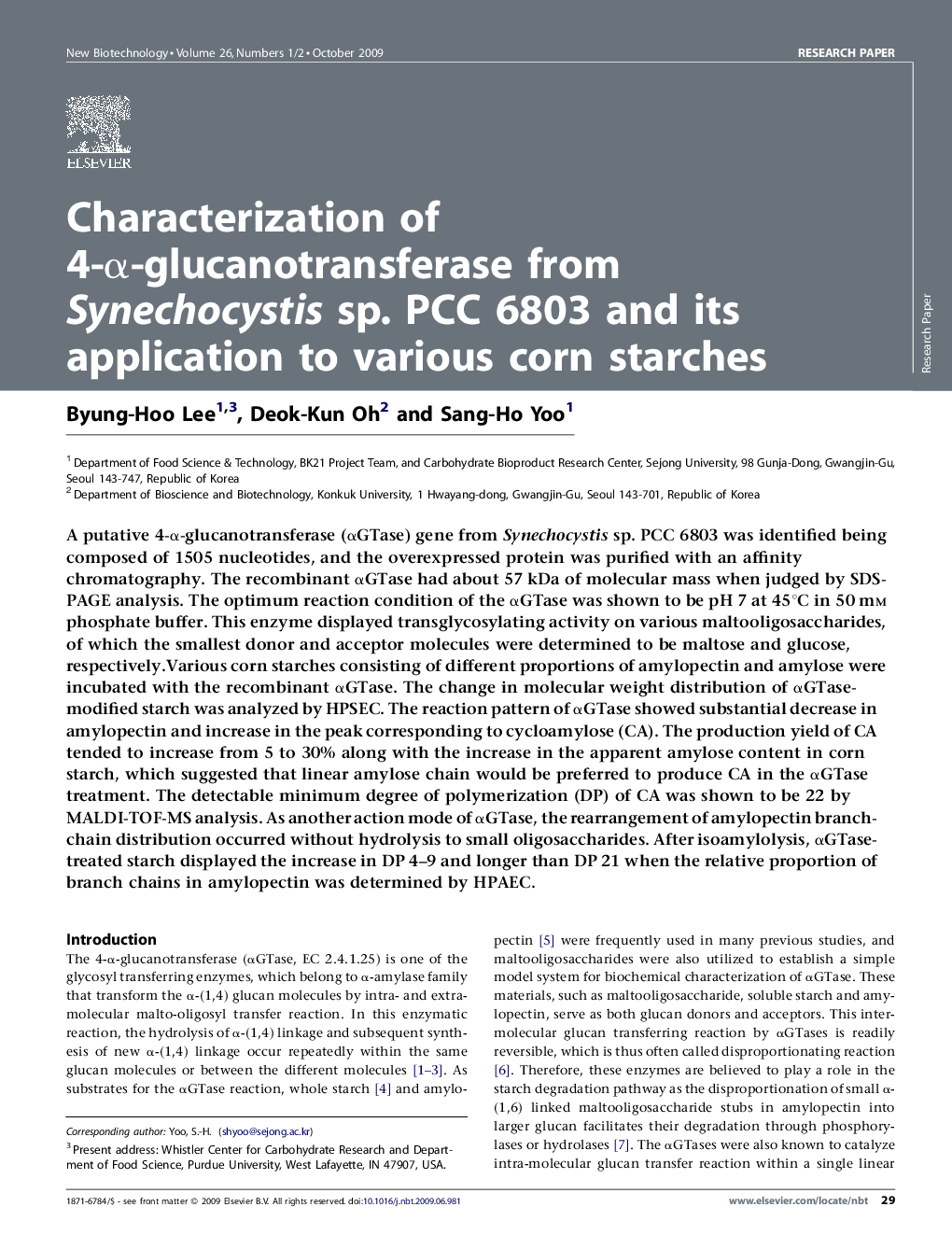 Characterization of 4-α-glucanotransferase from Synechocystis sp. PCC 6803 and its application to various corn starches