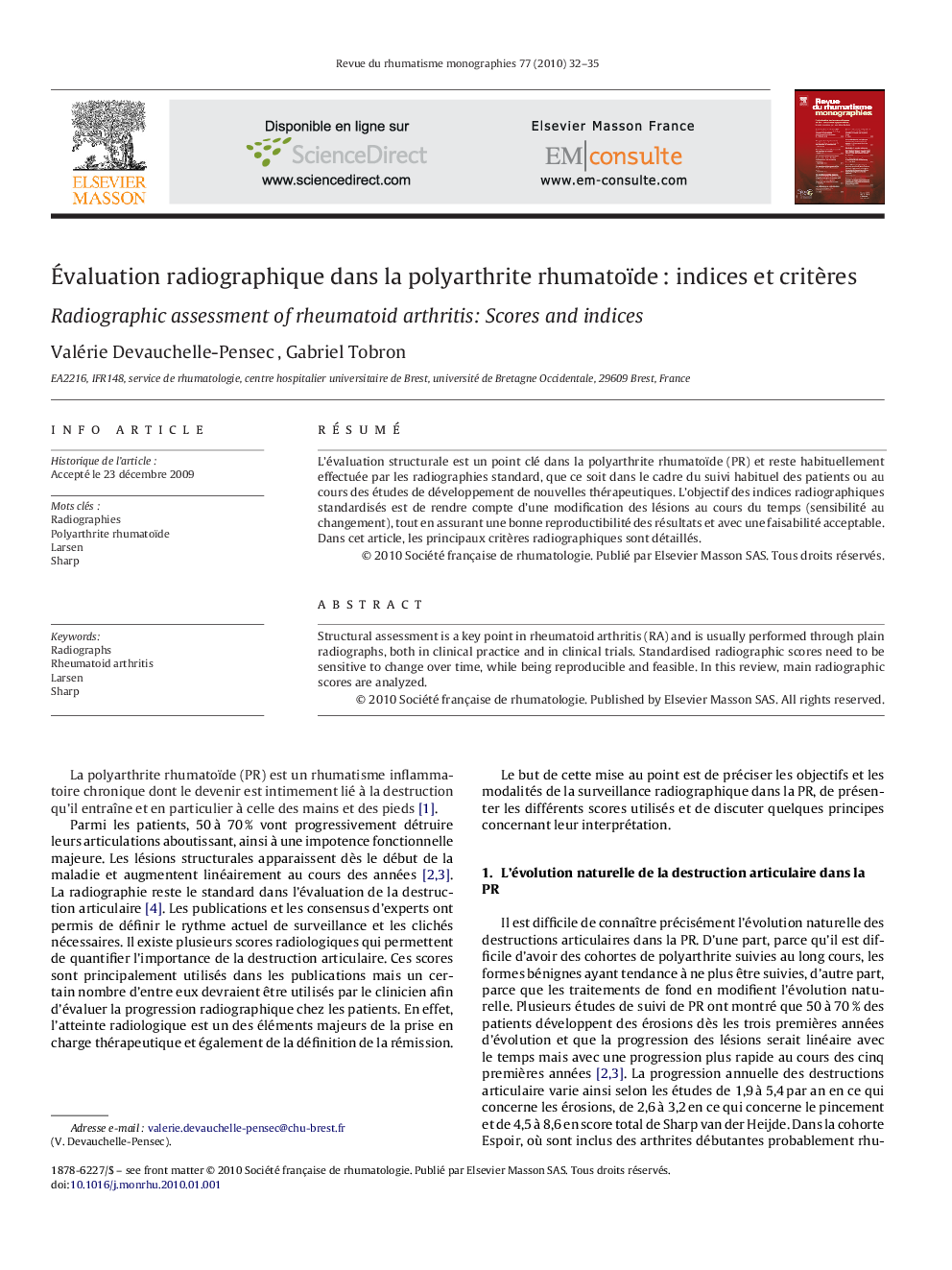 Évaluation radiographique dans la polyarthrite rhumatoïde : indices et critères