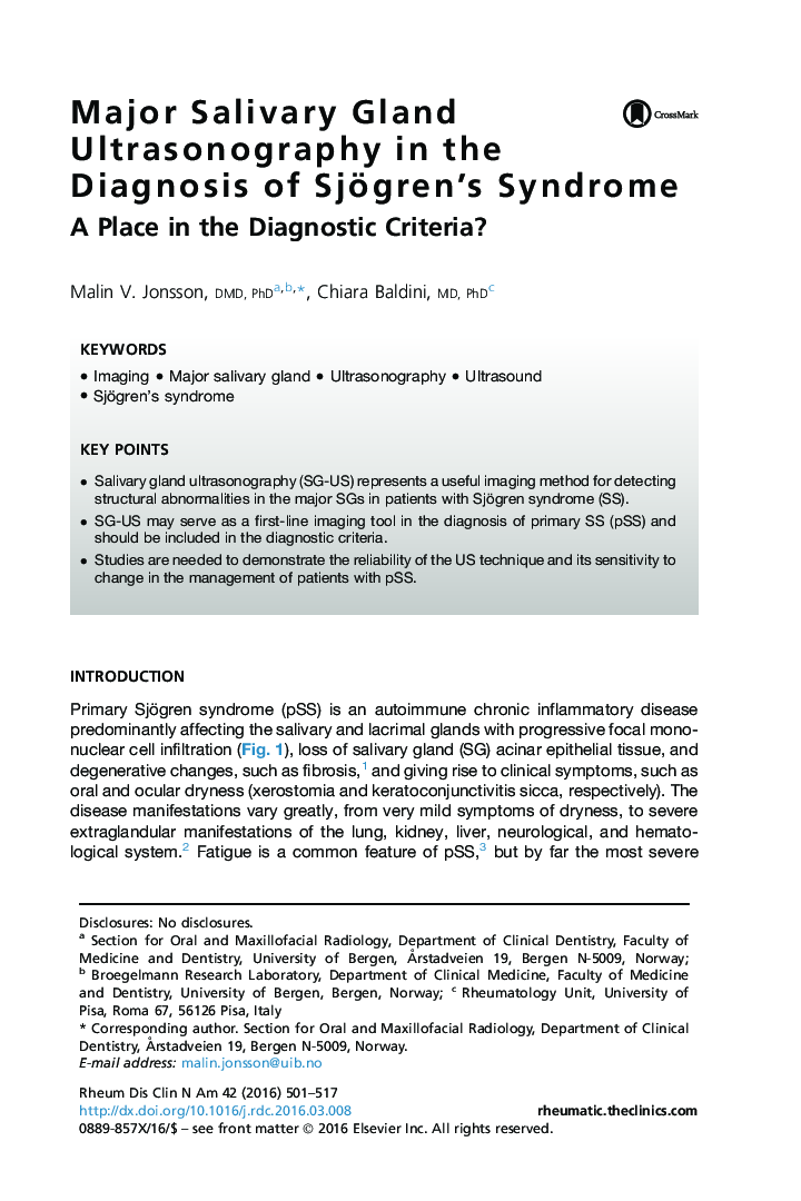 Major Salivary Gland Ultrasonography in the Diagnosis of Sjögren's Syndrome