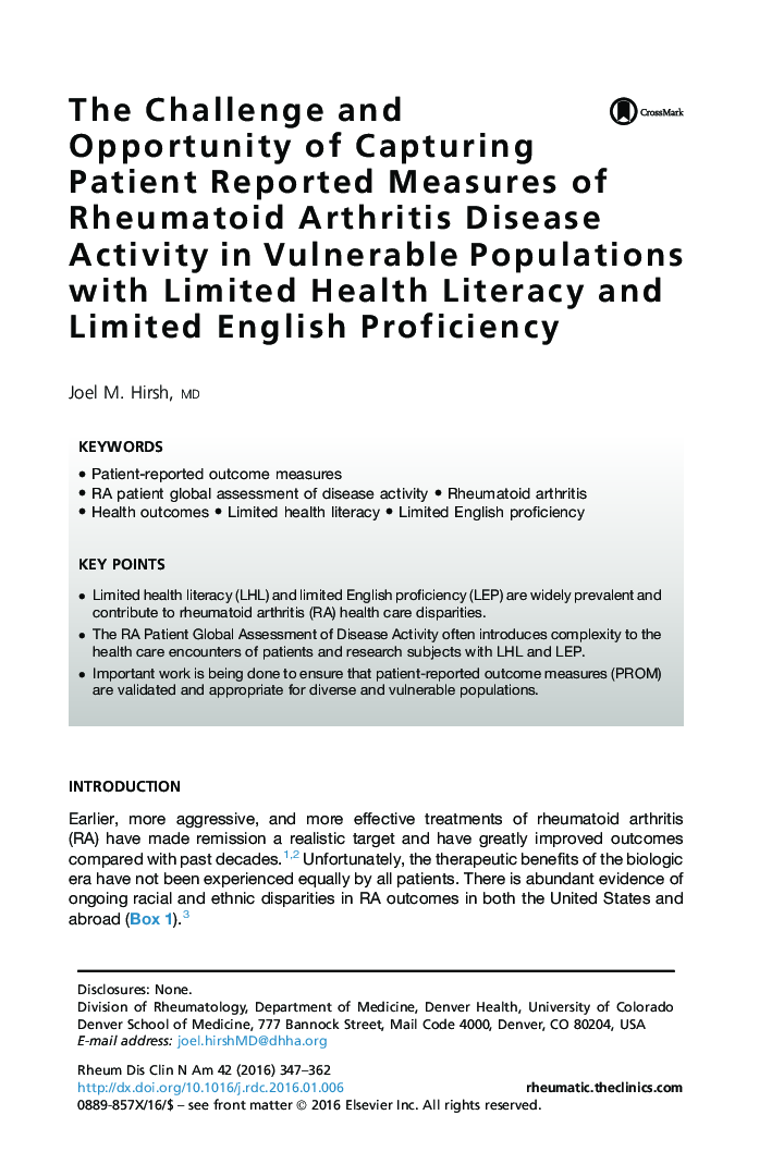 The Challenge and Opportunity of Capturing Patient Reported Measures of Rheumatoid Arthritis Disease Activity in Vulnerable Populations with Limited Health Literacy and Limited English Proficiency