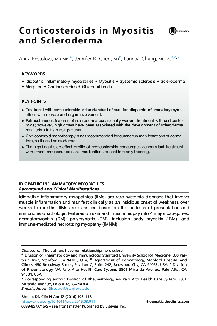 Corticosteroids in Myositis and Scleroderma