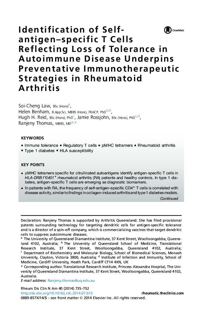 Identification of Self-antigen-specific T Cells Reflecting Loss of Tolerance in Autoimmune Disease Underpins Preventative Immunotherapeutic Strategies in Rheumatoid Arthritis