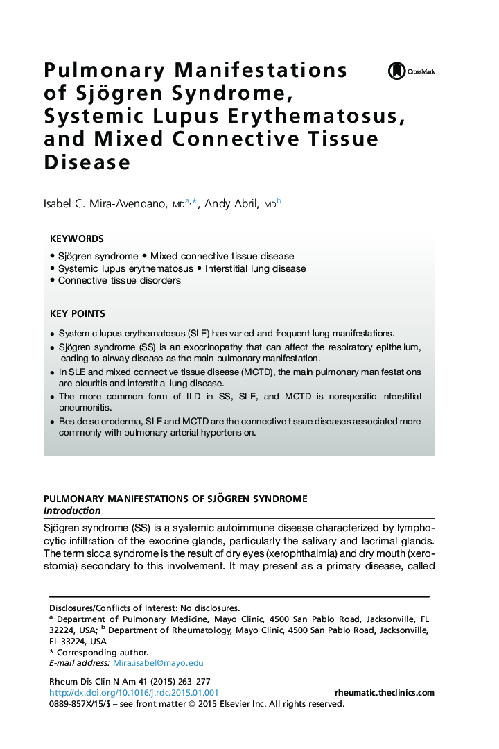 Pulmonary Manifestations of Sjögren Syndrome, Systemic Lupus Erythematosus, and Mixed Connective Tissue Disease