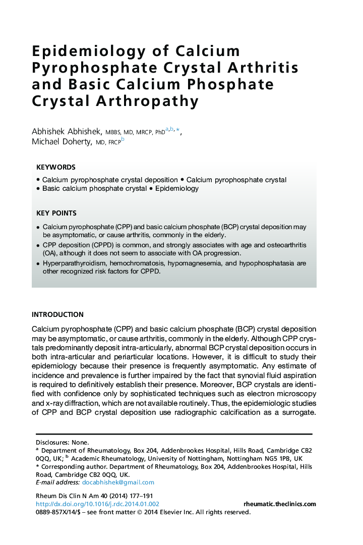 Epidemiology of Calcium Pyrophosphate Crystal Arthritis and Basic Calcium Phosphate Crystal Arthropathy