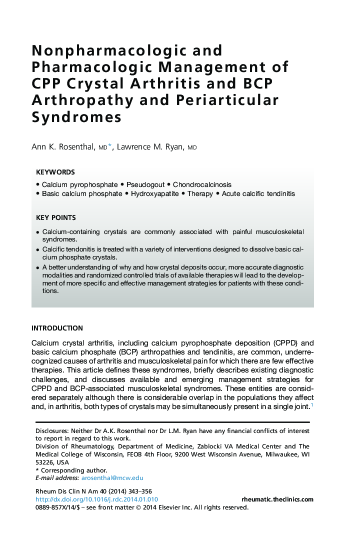 Nonpharmacologic and Pharmacologic Management of CPP Crystal Arthritis and BCP Arthropathy and Periarticular Syndromes