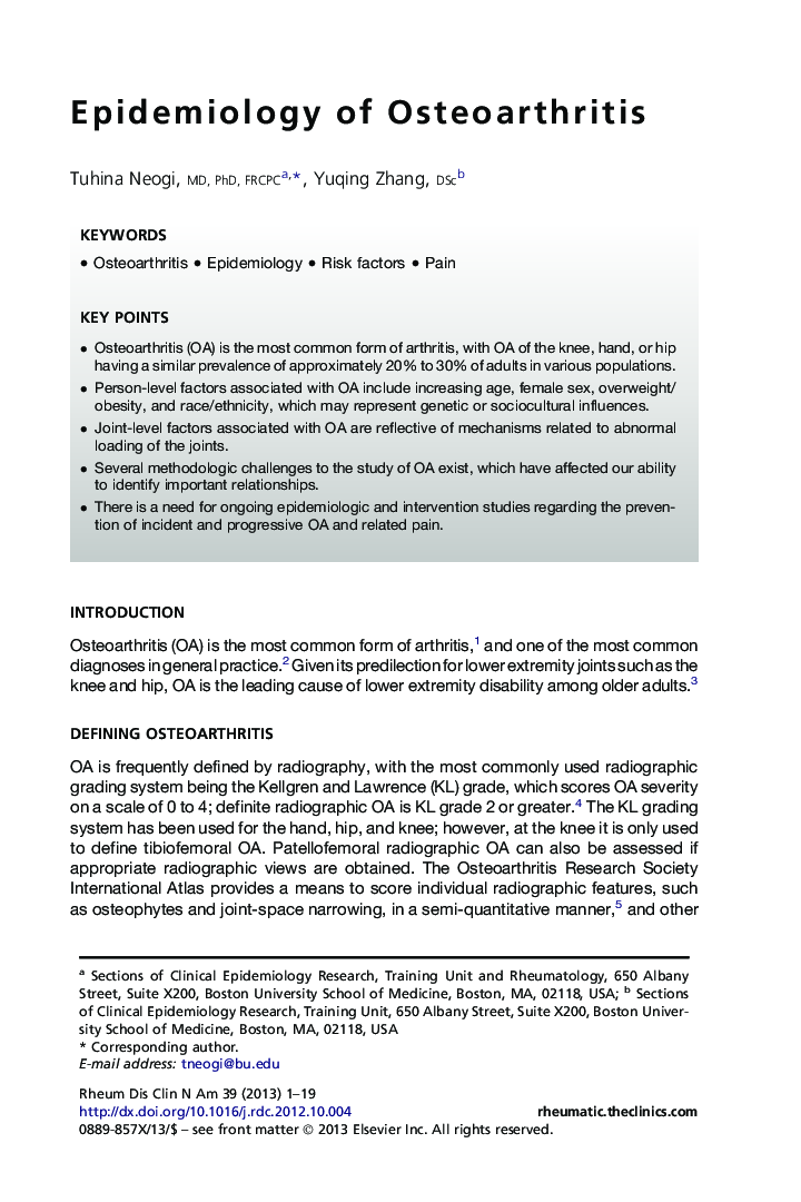 Epidemiology of Osteoarthritis