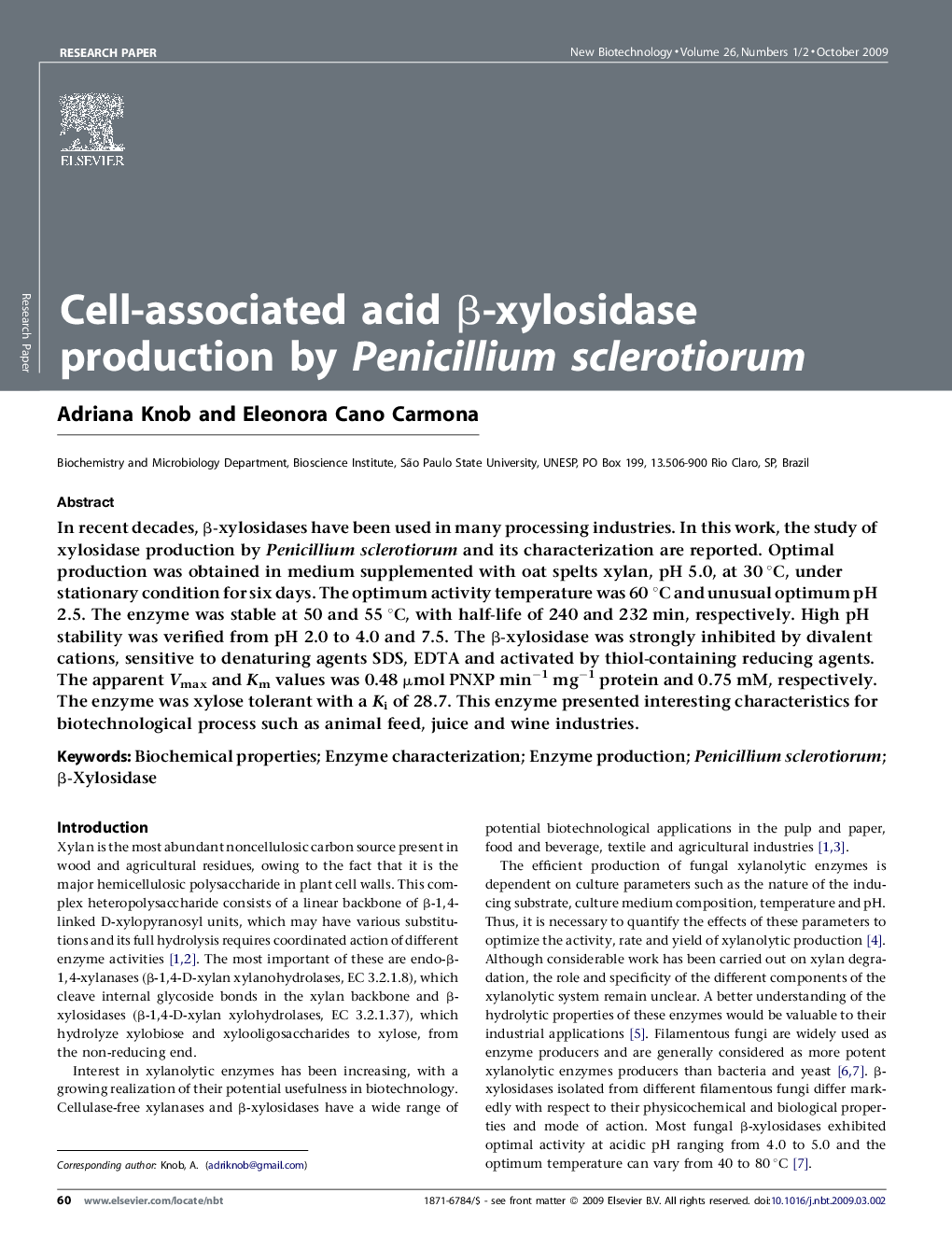 Cell-associated acid β-xylosidase production by Penicillium sclerotiorum