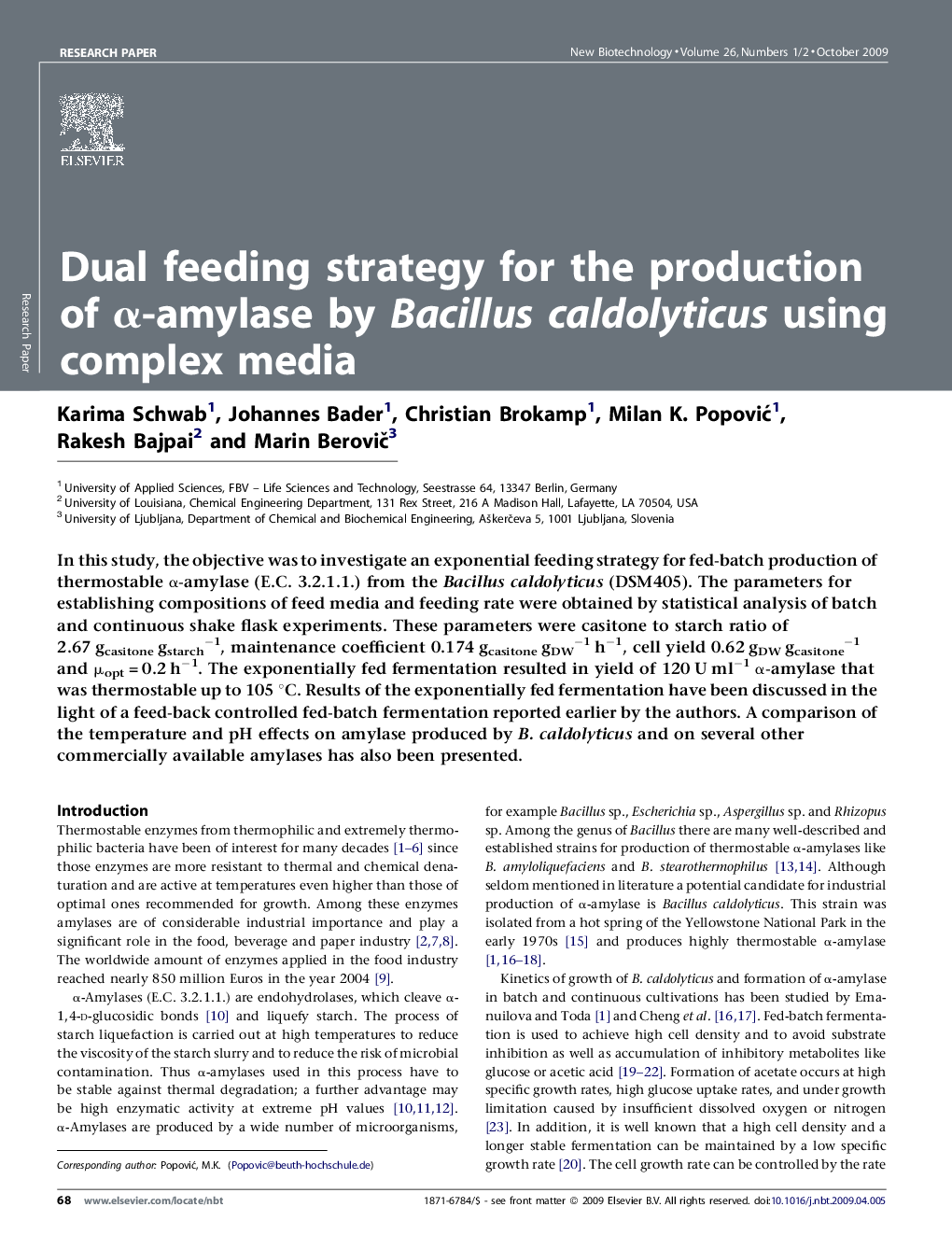 Dual feeding strategy for the production of α-amylase by Bacillus caldolyticus using complex media