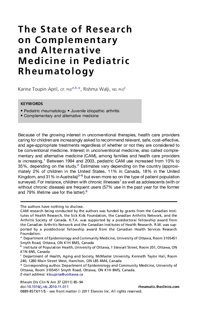 The State of Research on Complementary and Alternative Medicine in Pediatric Rheumatology