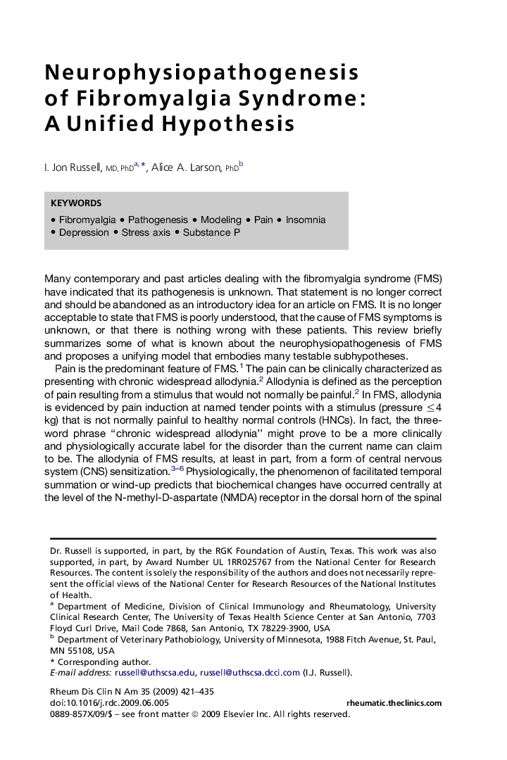 Neurophysiopathogenesis of Fibromyalgia Syndrome: A Unified Hypothesis