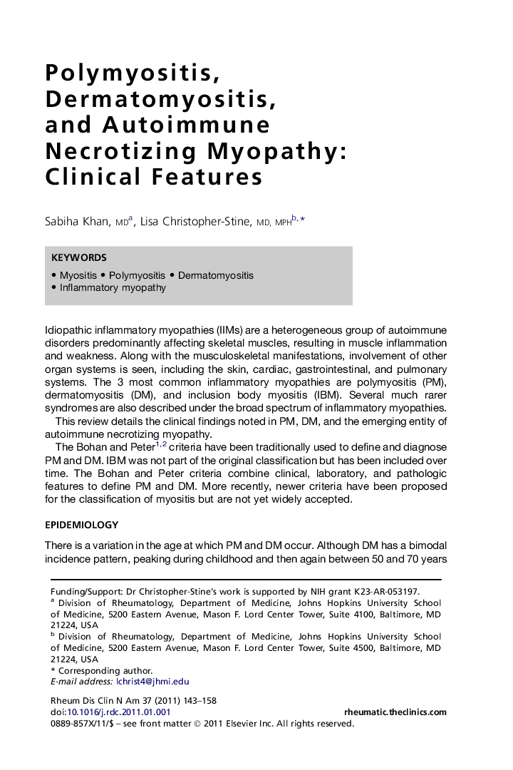 Polymyositis, Dermatomyositis, and Autoimmune Necrotizing Myopathy: Clinical Features